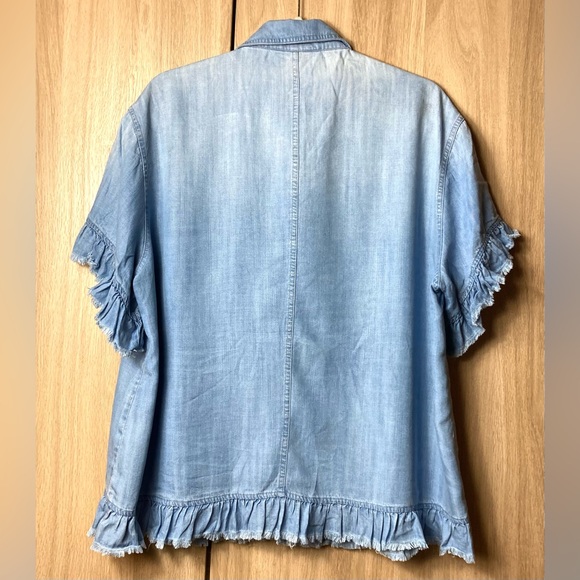 Blue Denim Flowy Blouse Button Up Business Casual - Picture 2 of 6